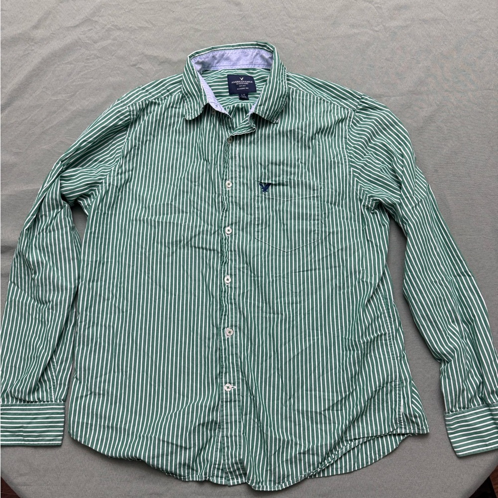 American Eagle Outfitters Men's Green Striped Button-Down Shirt